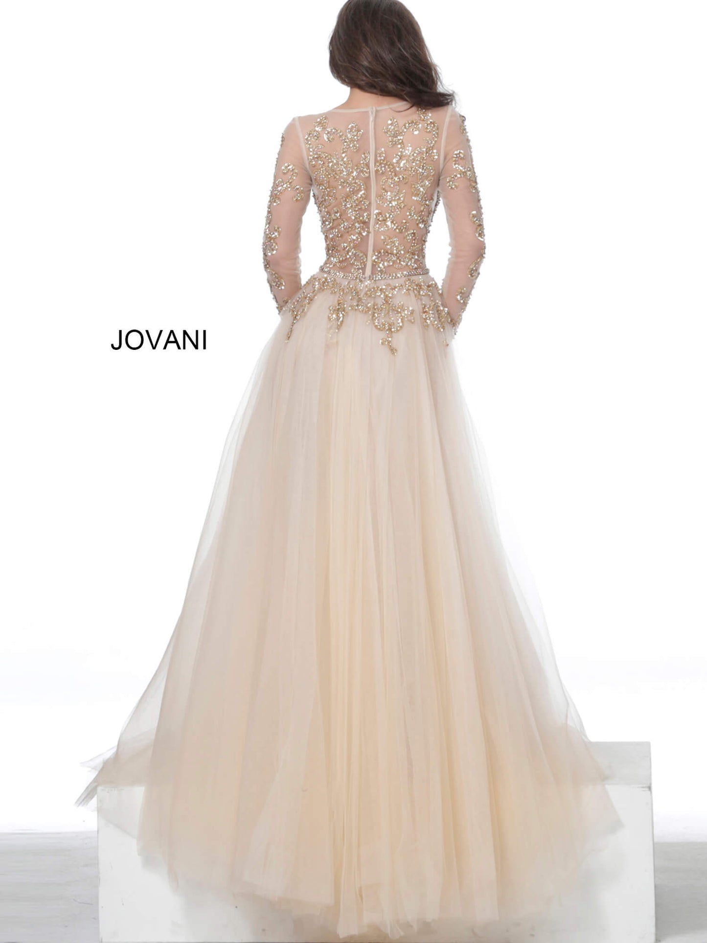 Jovani 00638 Gold Sheer Beaded Bodice Evening Gown