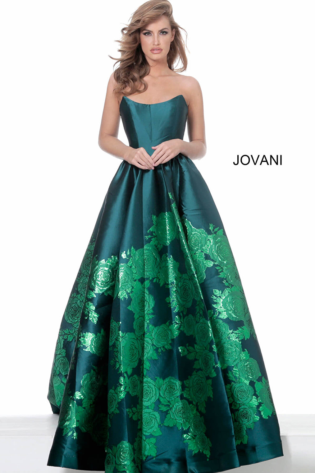 Green floral strapless ballgown 02038