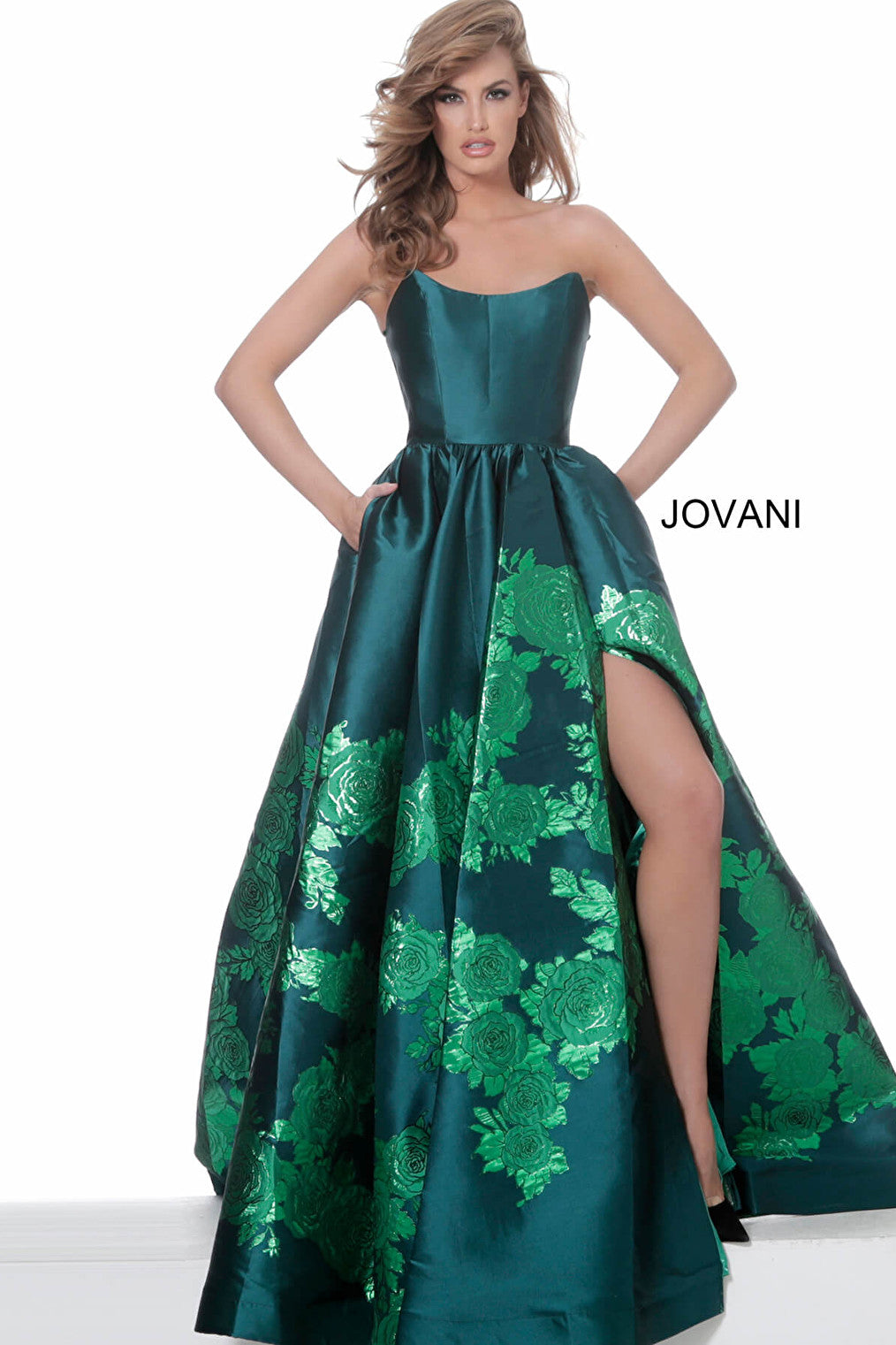 Floral print high slit green ballgown 02038