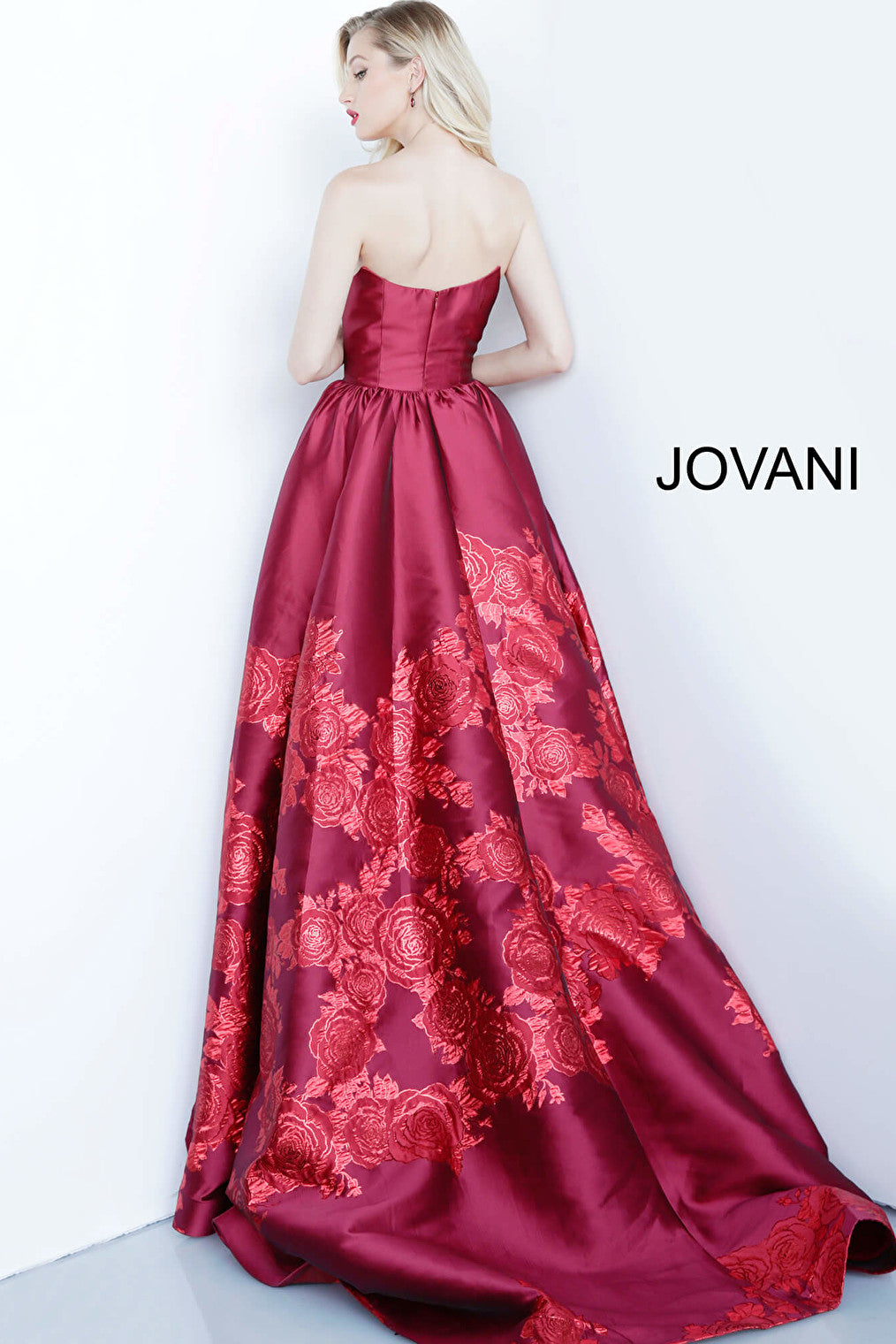 Red floral print prom ballgown Jovani 02038