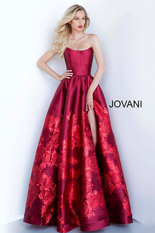 Red Strapless Floral Prom Gown 02038