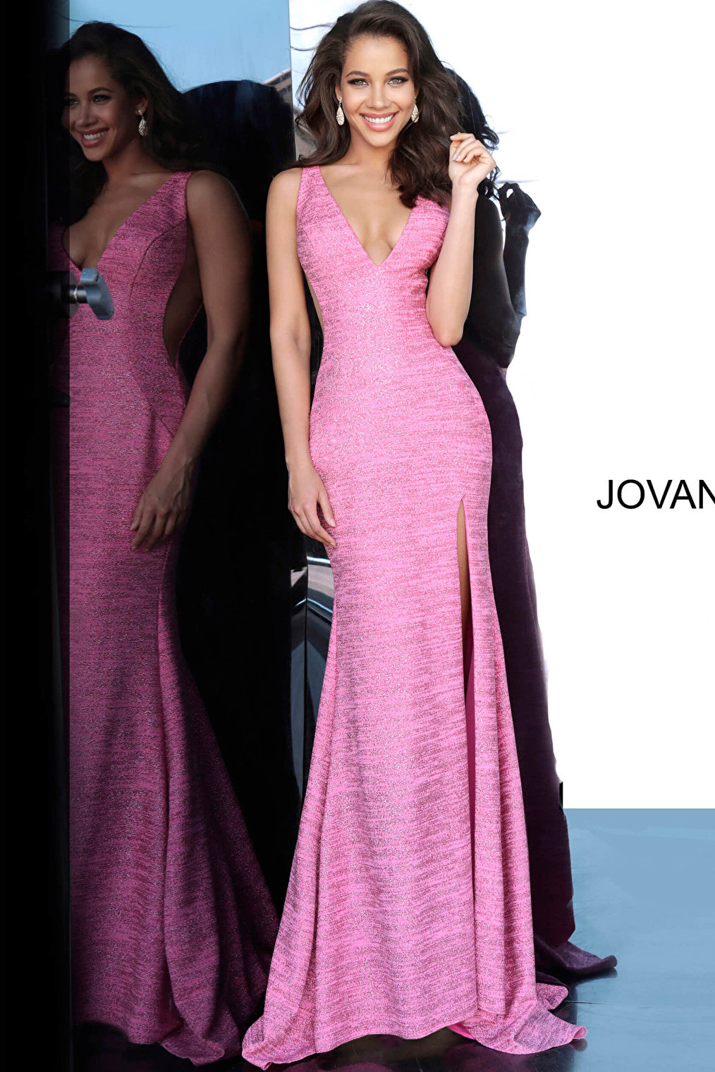 hot pink V neck prom dress 02472