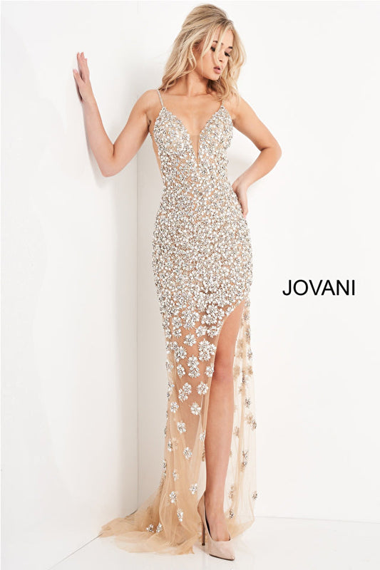 Jovani 02492 Nude Beaded High Slit Prom Dress