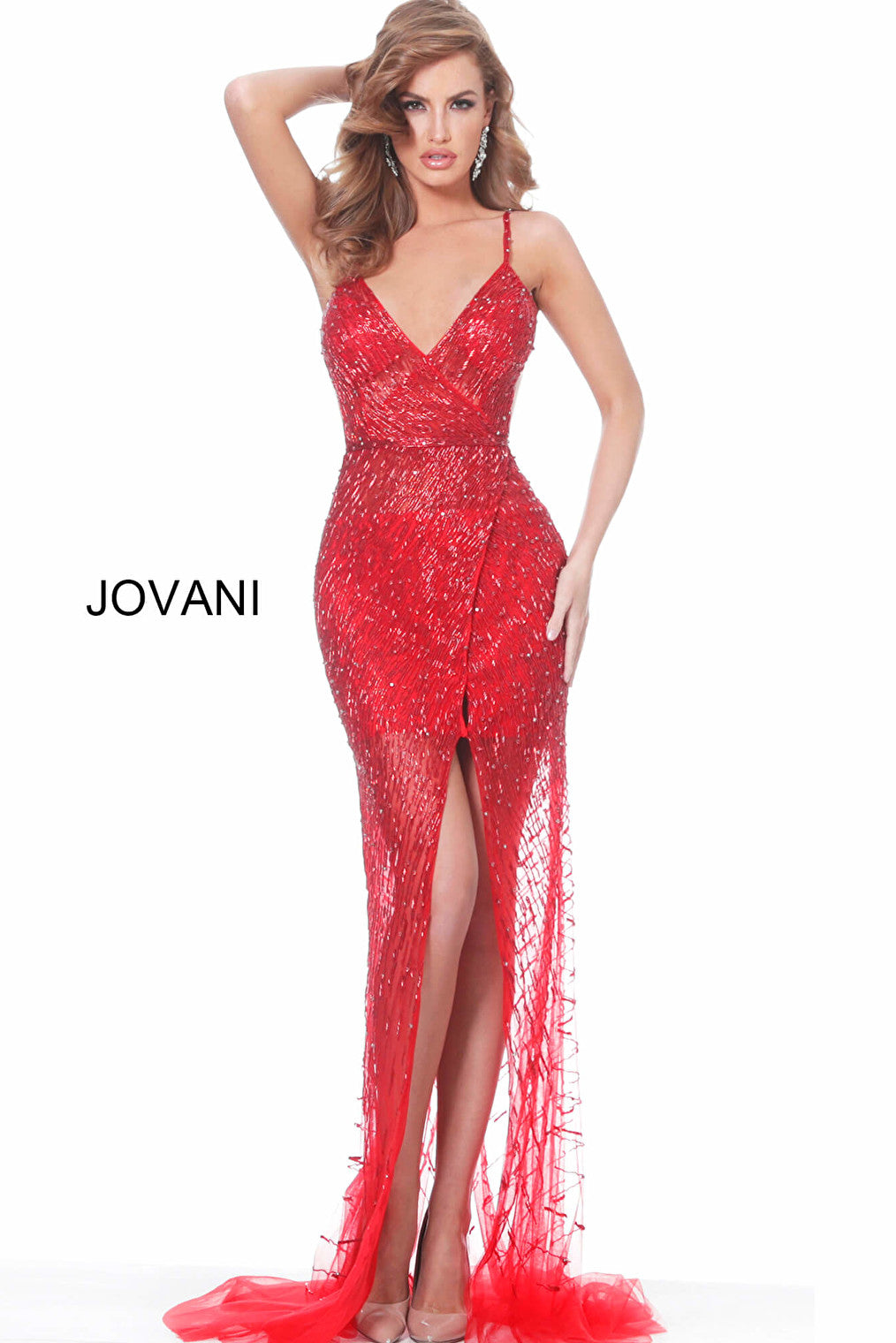 red spaghetti strap beaded dress 02498