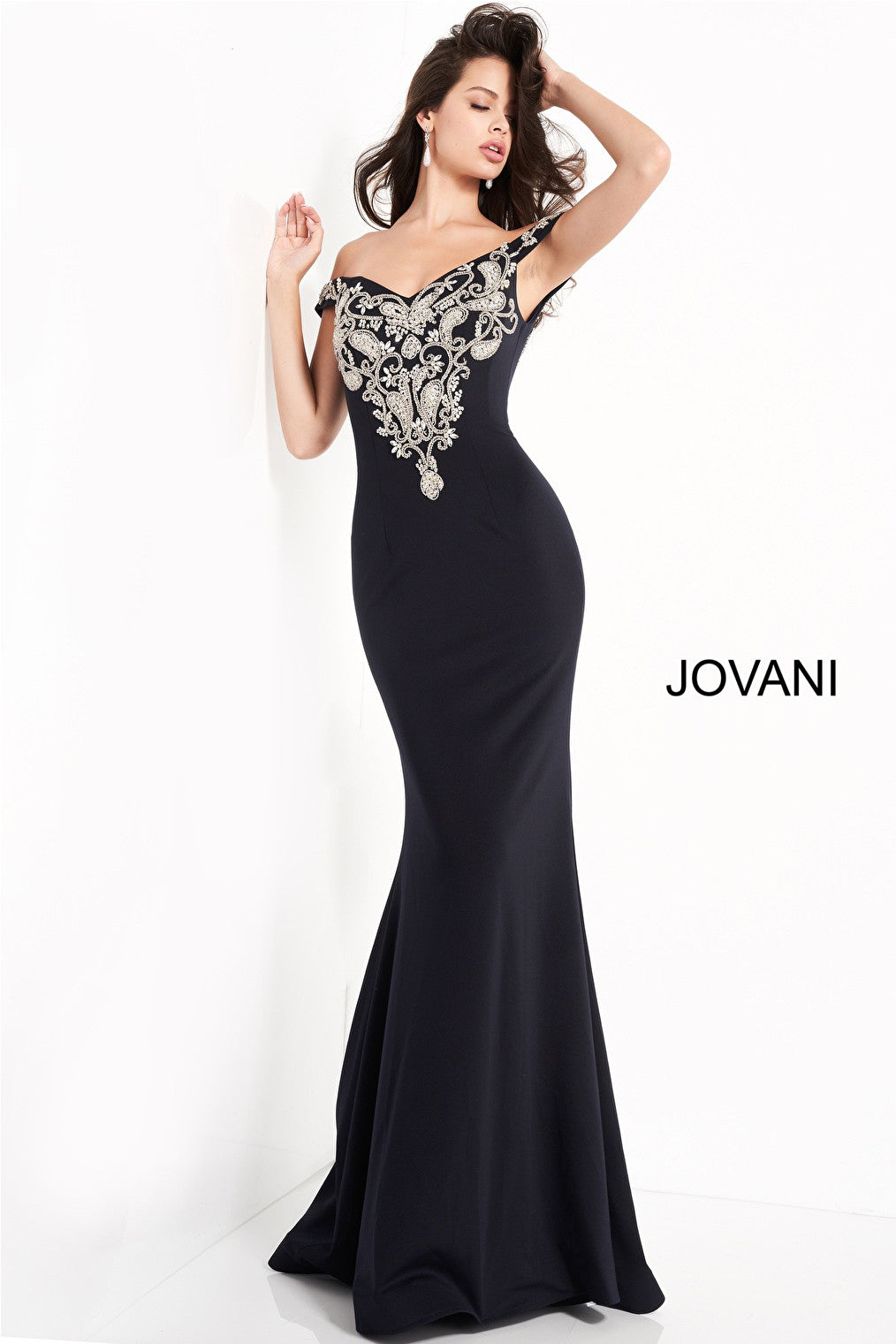 Navy off the shoulder sheath evening dress Jovani 02576