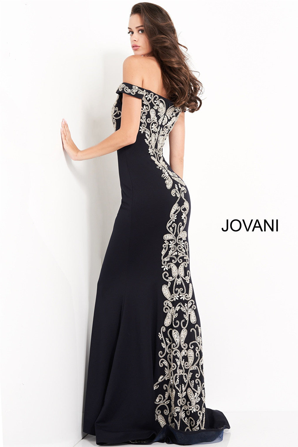 Navy waterfall back Jovani evening dress 02576