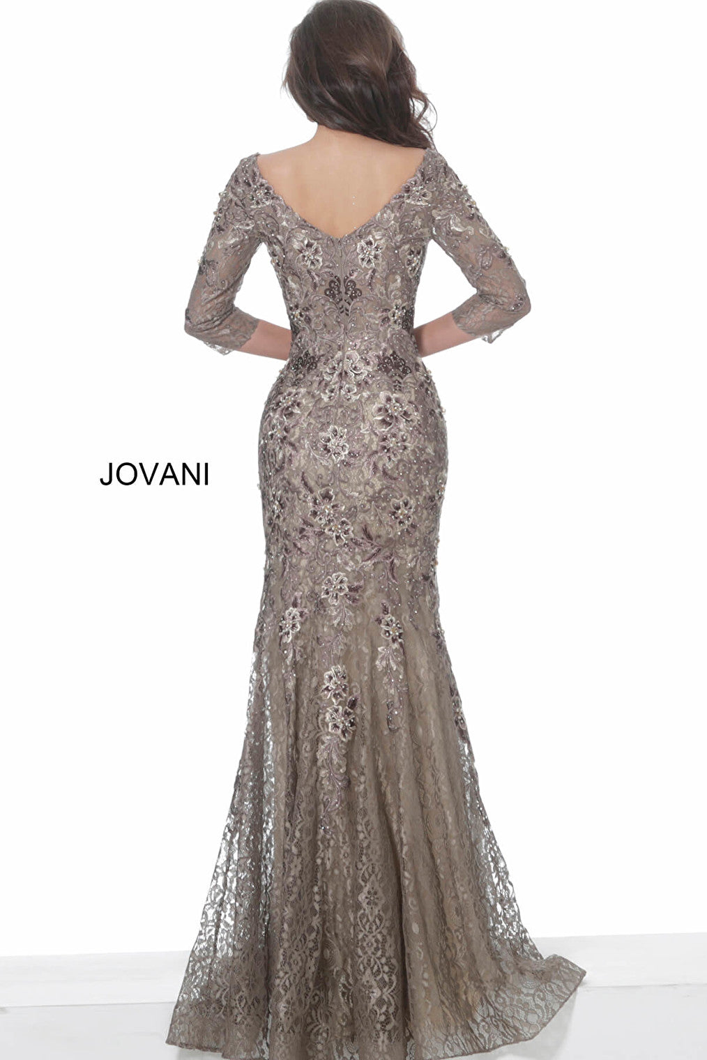 Taupe V back evening dress Jovani 027665