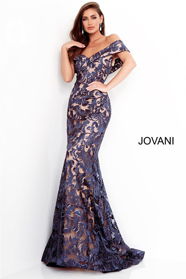 Jovani 02912 Navy Lace Off the Shoulder evening Gown