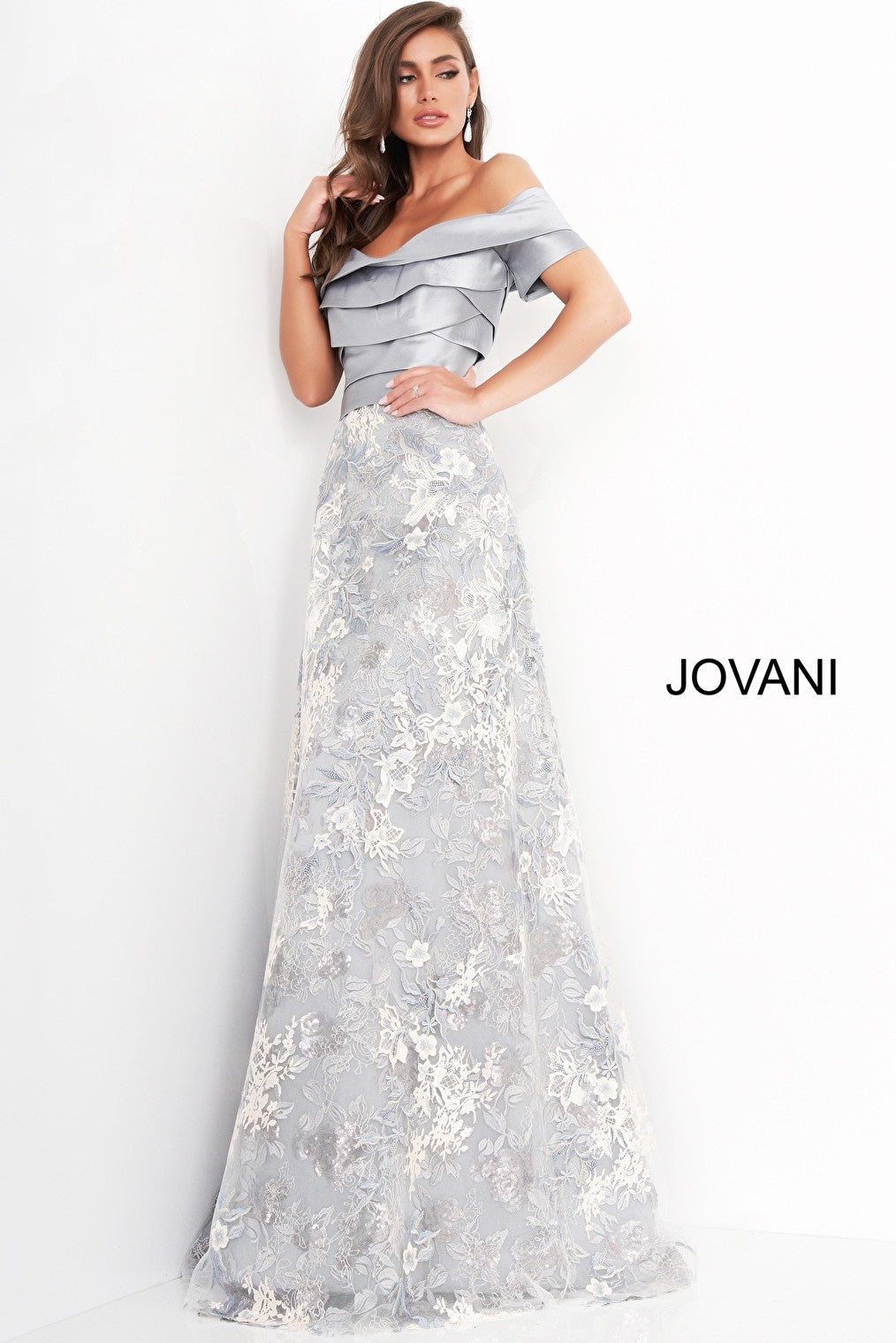 grey off the shoulder Jovani MOB and evening dress 02921