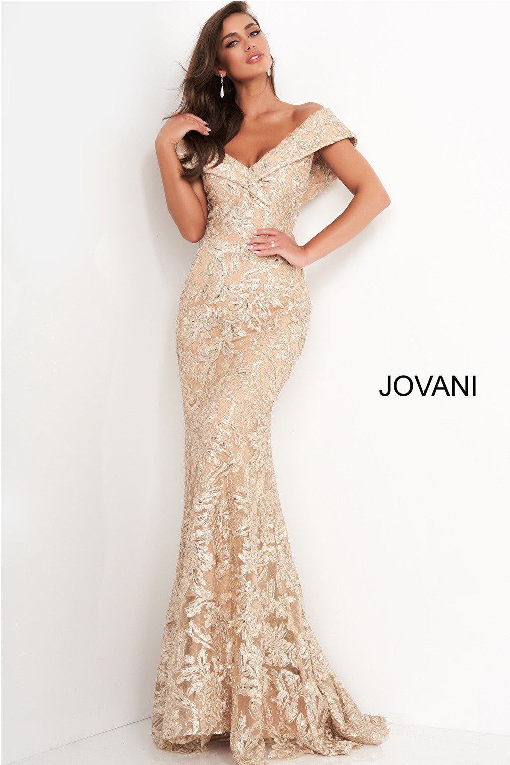 Gold V neck mother of the bride Jovani dress 02923