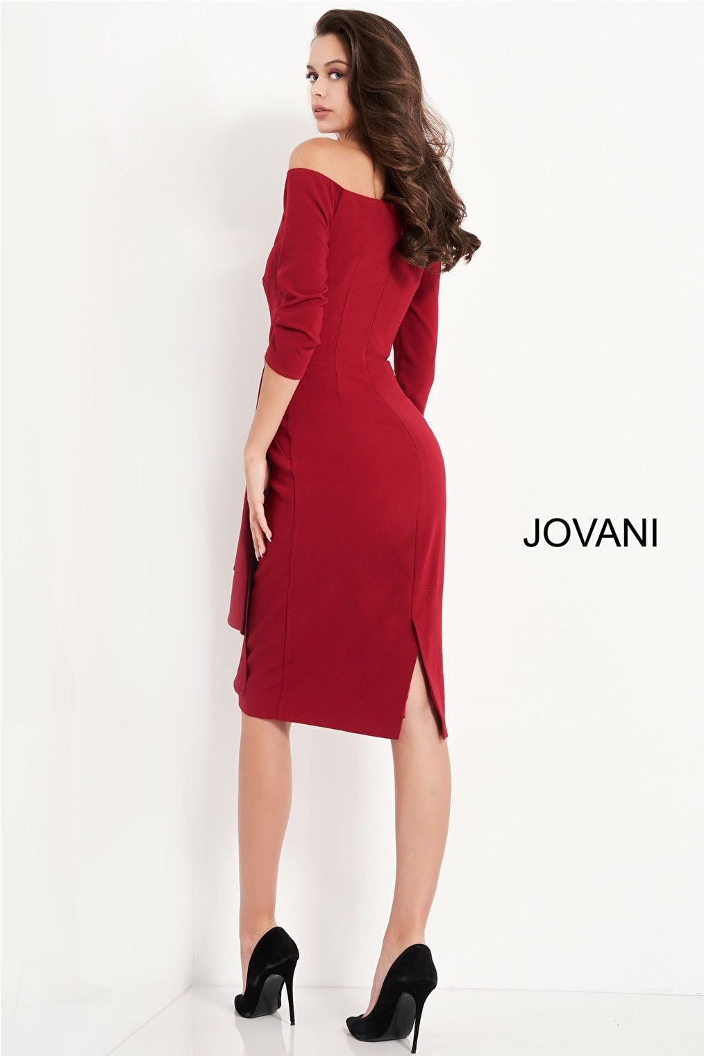 Burgundy off the shoulder cocktail dress Jovani 02949