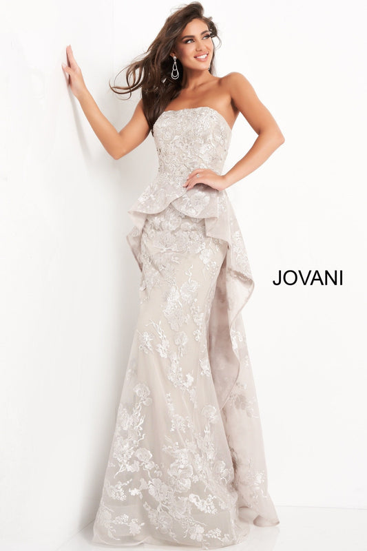 Jovani 02966 Silver Strapless Peplum Evening Dress