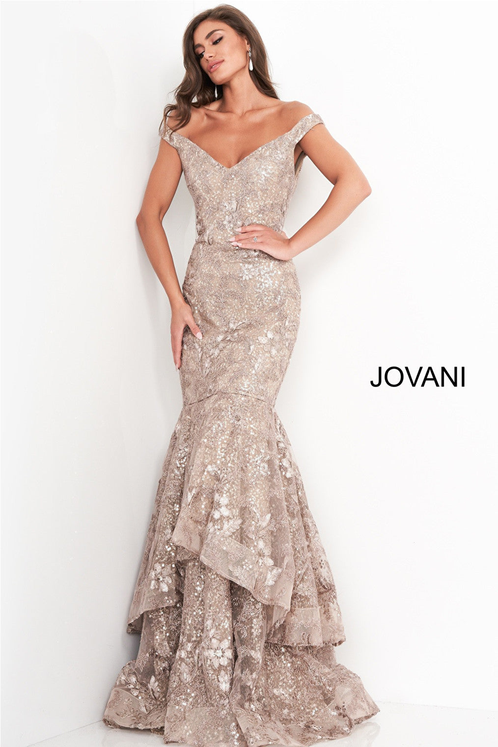 Taupe off the shoulder Jovani evening dress 03264