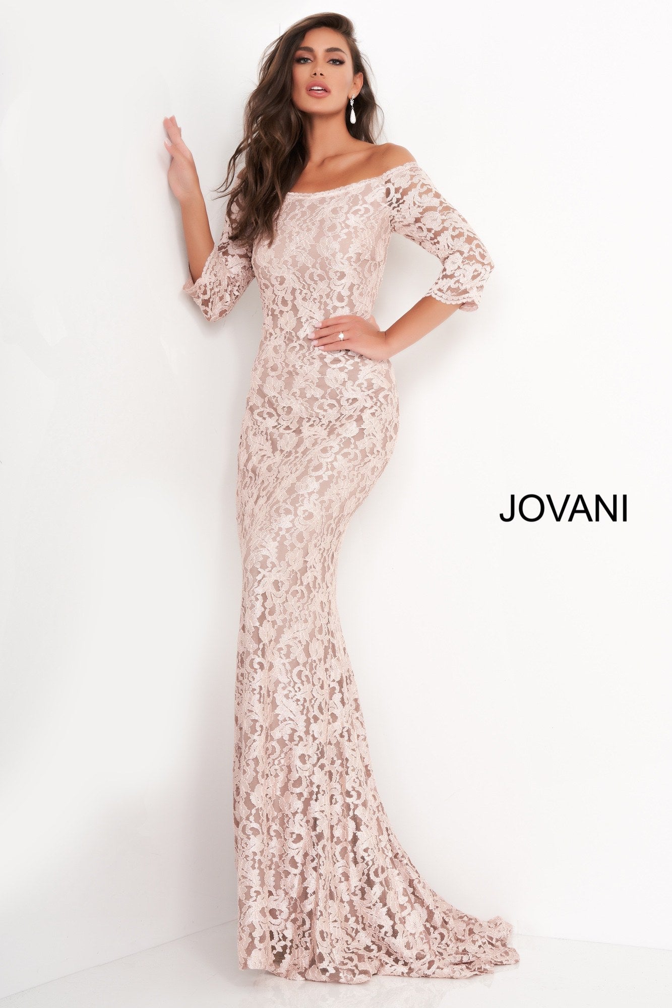 Taupe boat neck Jovani evening dress 03349