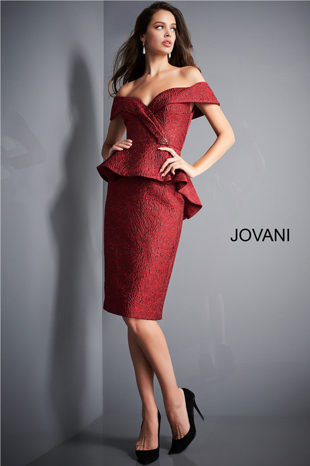 Burgundy peplum cocktail evening dress Jovani 04157