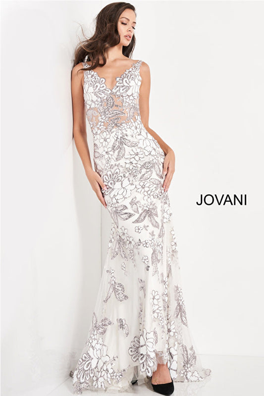 Jovani 04332 Off White Embellished V Neck Evening Gown