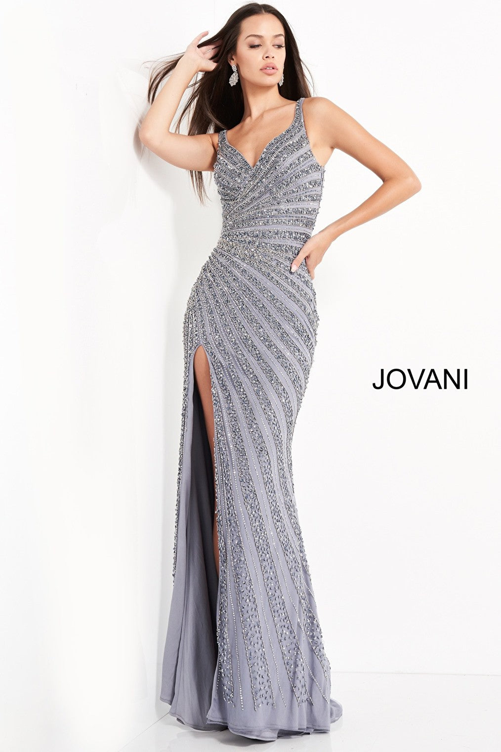 Smoke grey high slit evening dress 04539