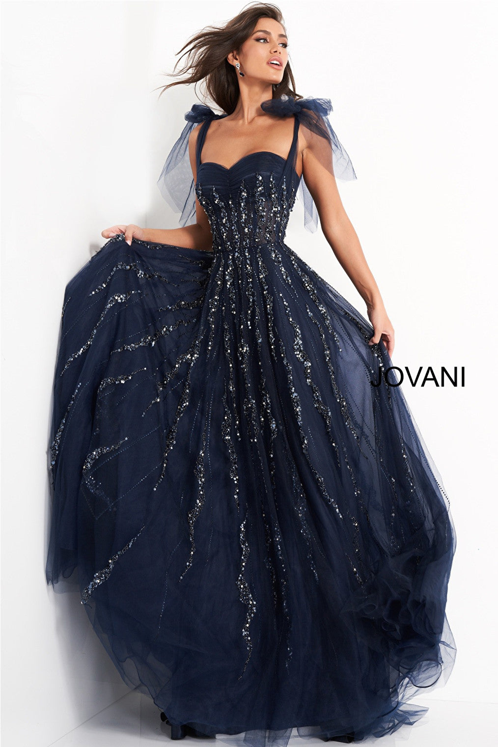 Navy long flowy Jovani evening dress 04634