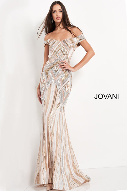 Jovani 04813 Nude Multi Off the Shoulder Evening Dress