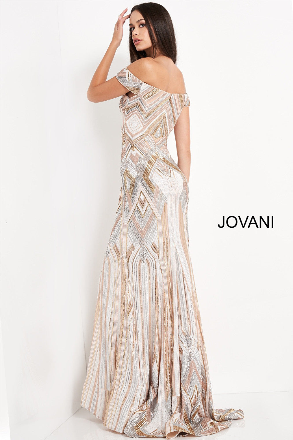 Off the shoulder nude multi Jovani evening dress 04813