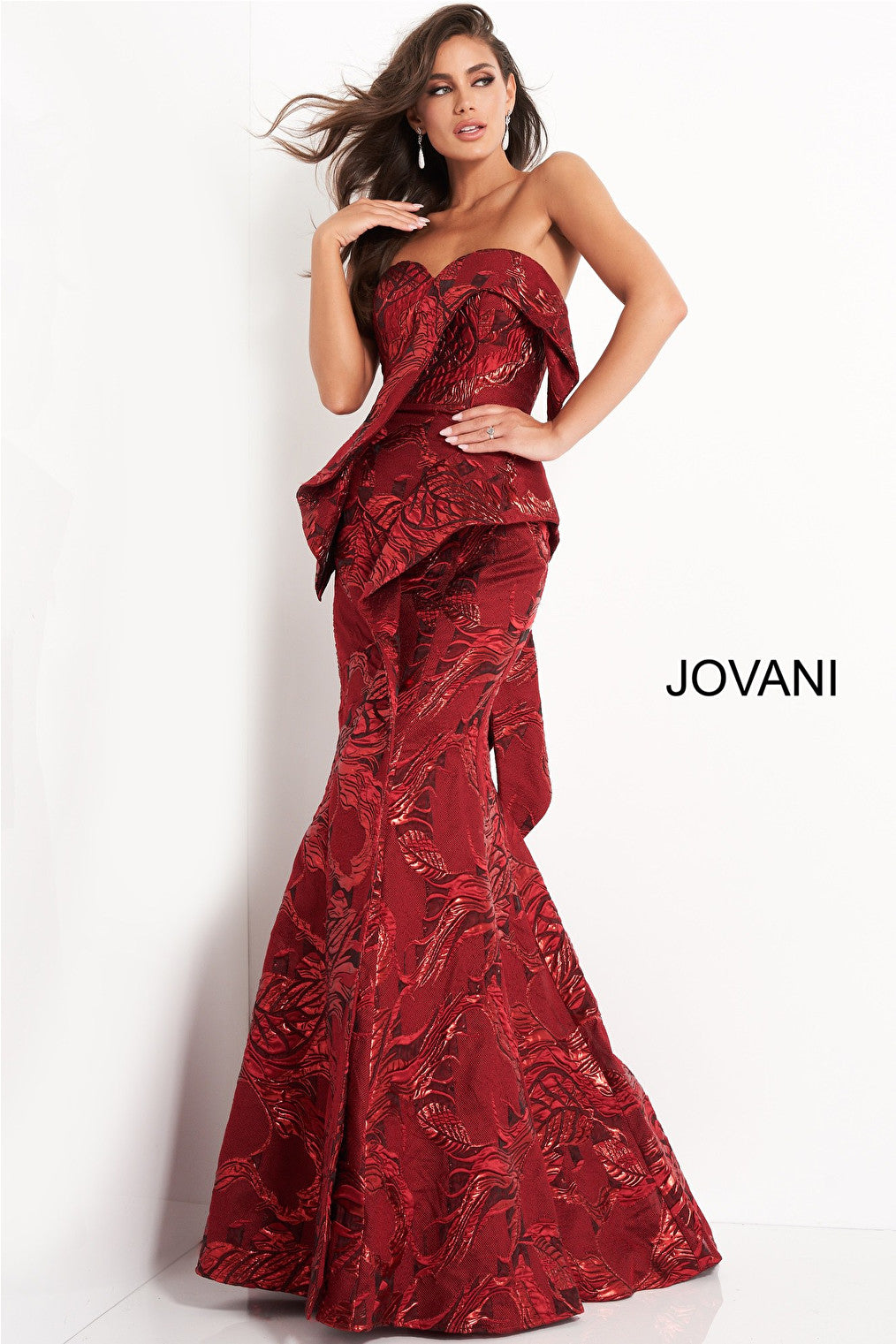 Wine strapless jacquard evening dress 05020