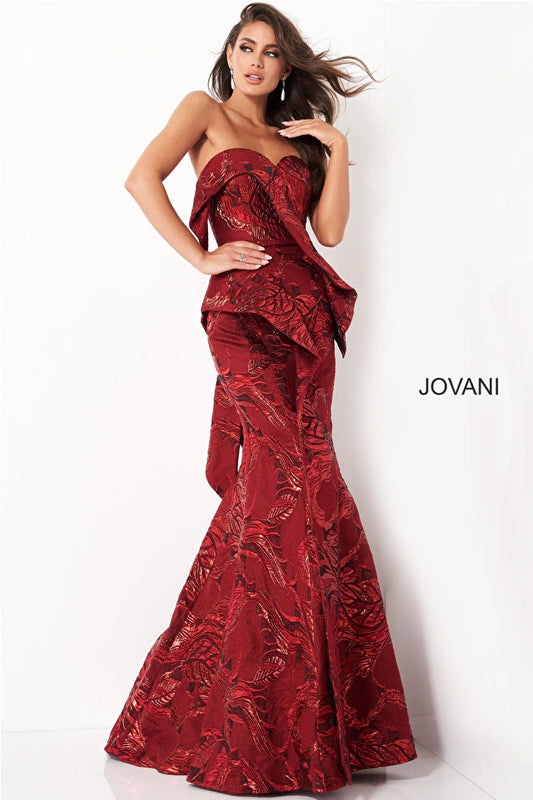 Jovani 05020 Wine Strapless Mermaid Evening Dress