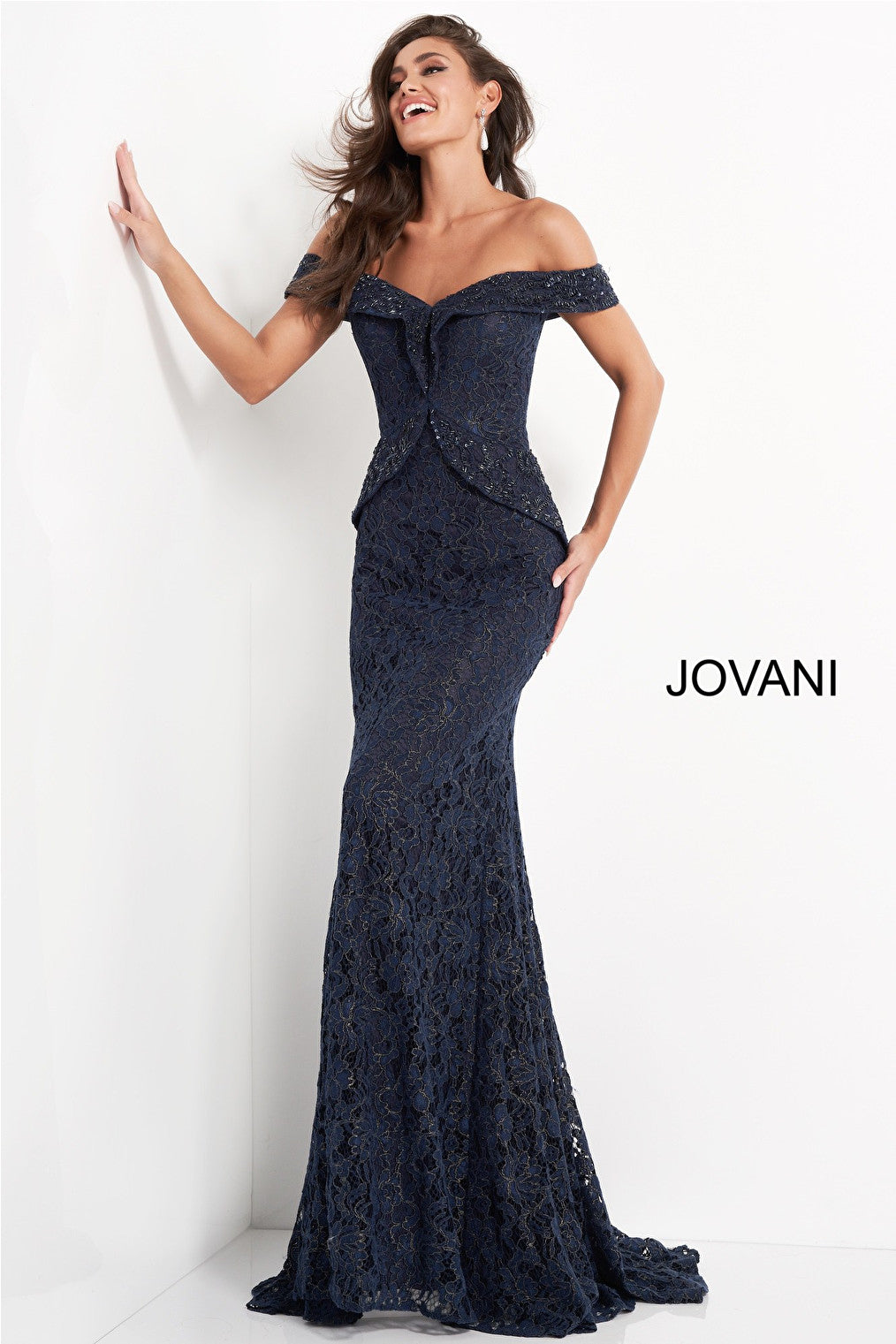 Navy off the shoulder mob Jovani dress 05059