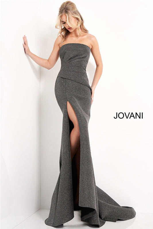 Jovani 05490 Black Silver Pleated Bodice Evening Dress