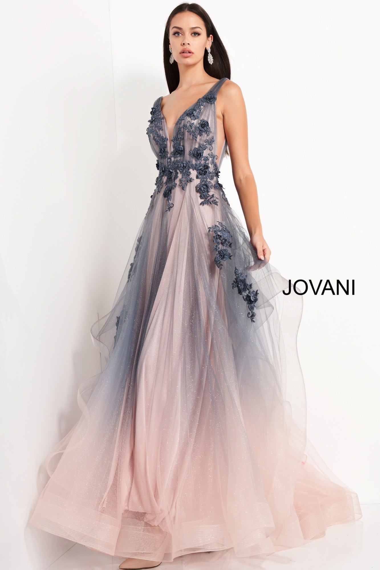 Grey pink plunging neck Jovani evening dress 05835