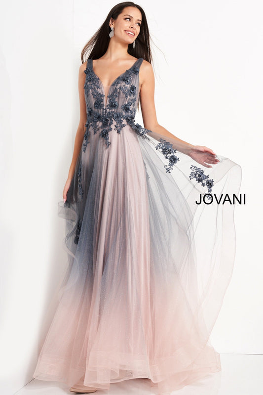 Jovani 05835 Grey Pink Floral Appliques Evening Dress