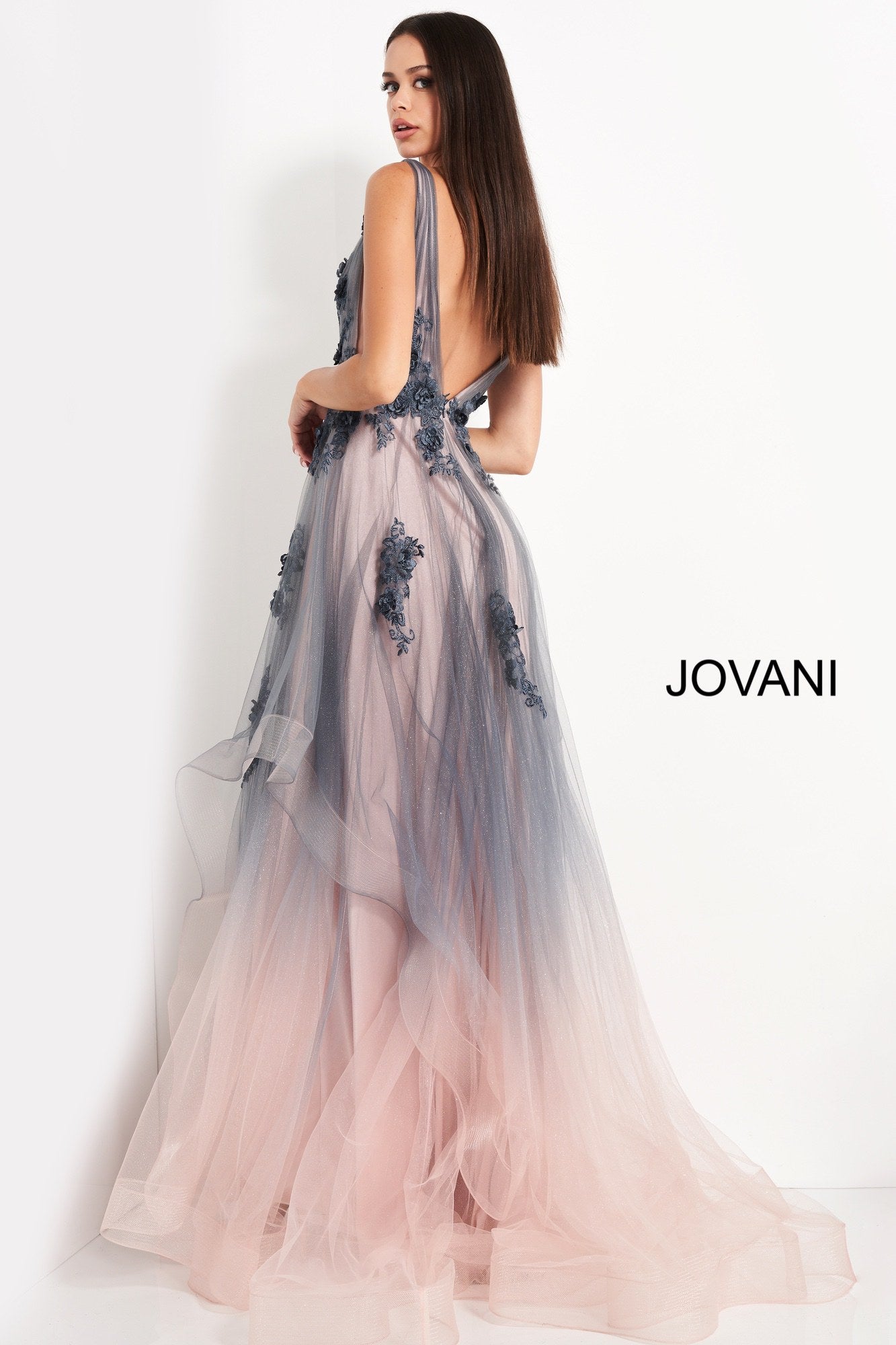 Grey pink tulle maxi Jovani evening dress 05835