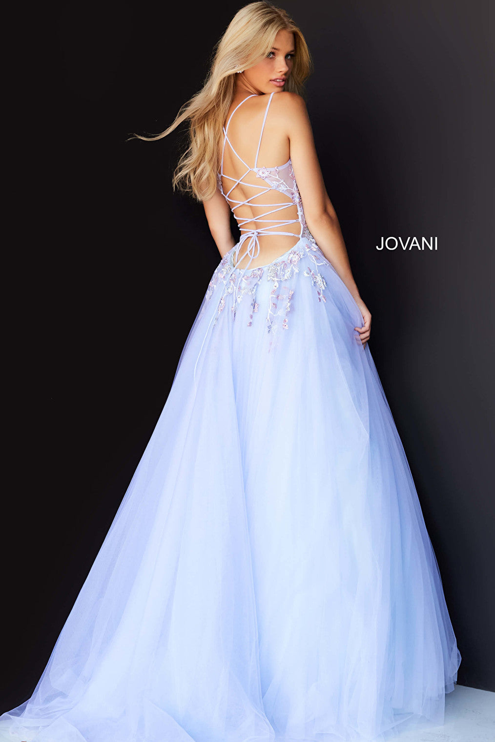 Open tie back lilac ballgown Jovani 06207