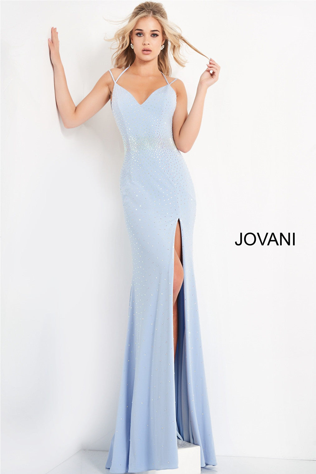 Spaghetti strap light blue prom dress 06209