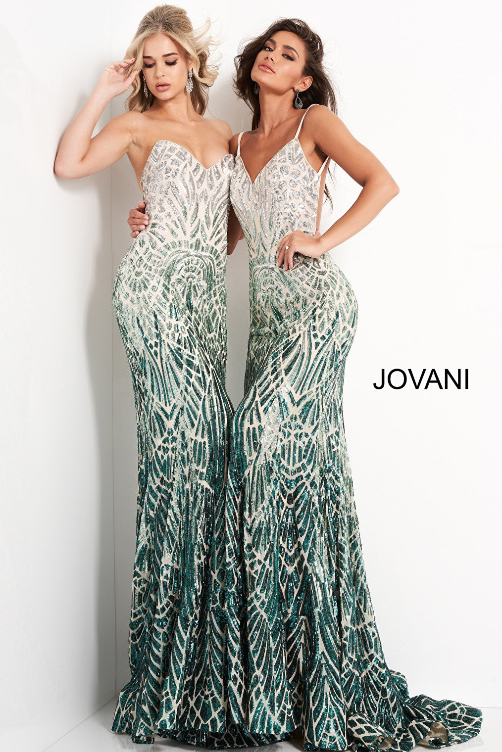 Green sequin embellished prom dresses 