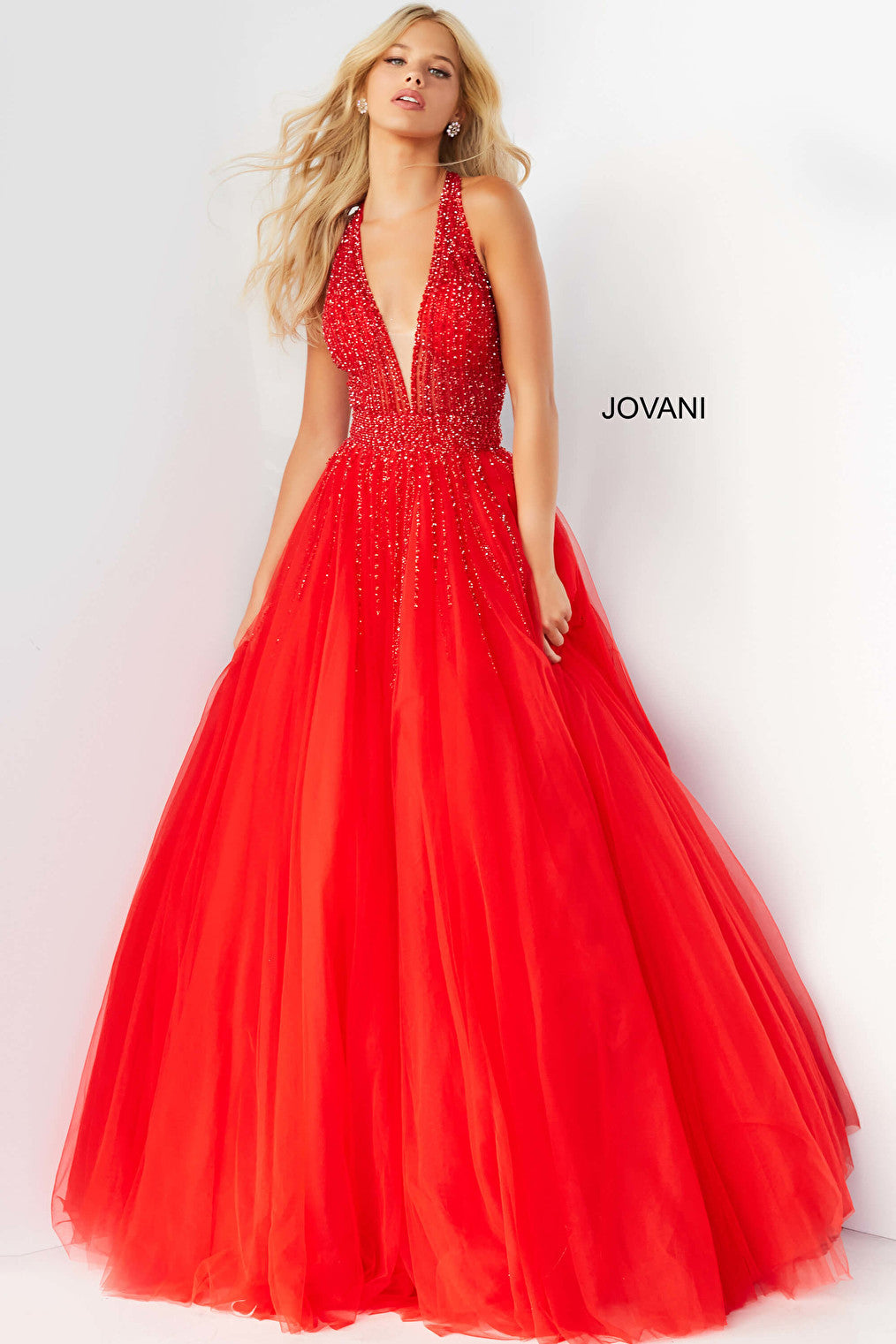 Long full skirt red Jovani gown 06598