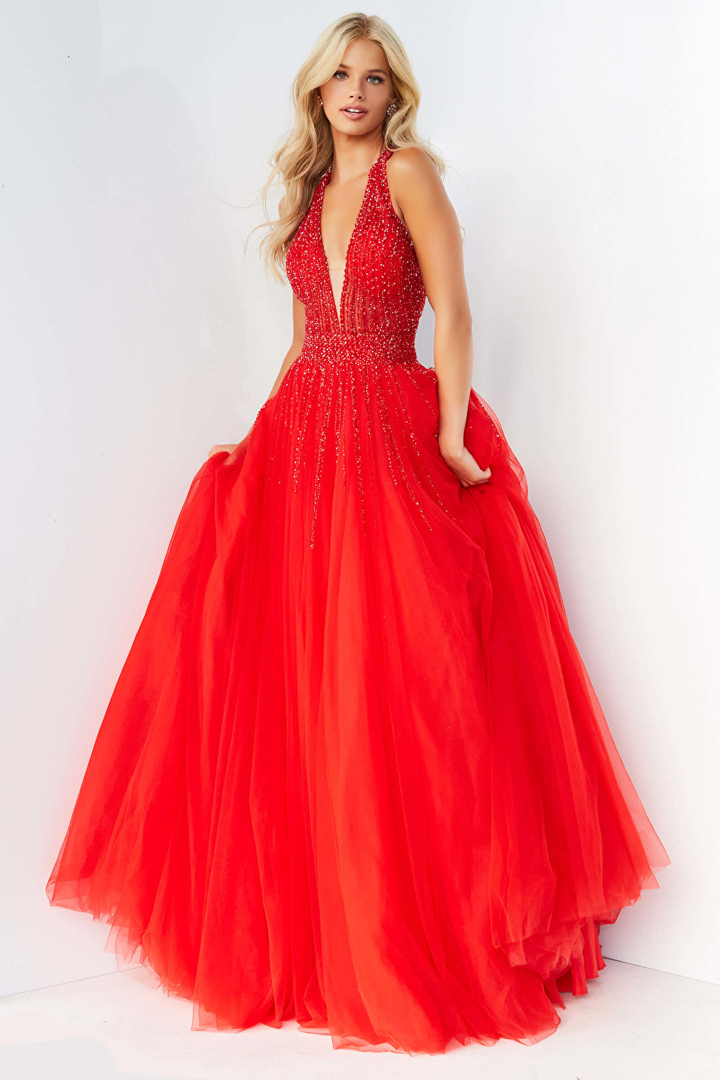 Red sleeveless halter neck ballgown 06598