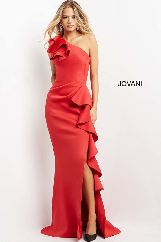 Jovani 06603 Red One Shoulder Ruffle Evening Dress