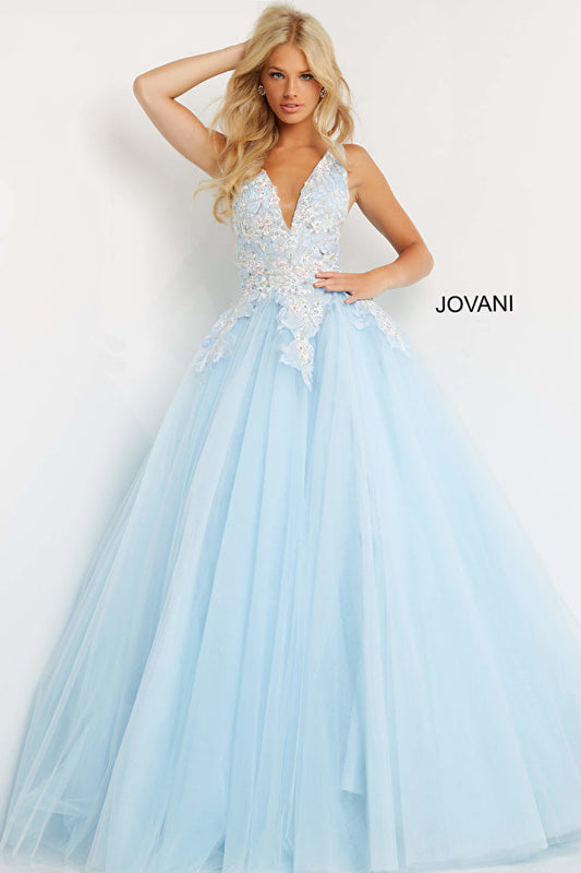 Jovani 06808 Light Blue Deep V Neck Floral Prom Ballgown