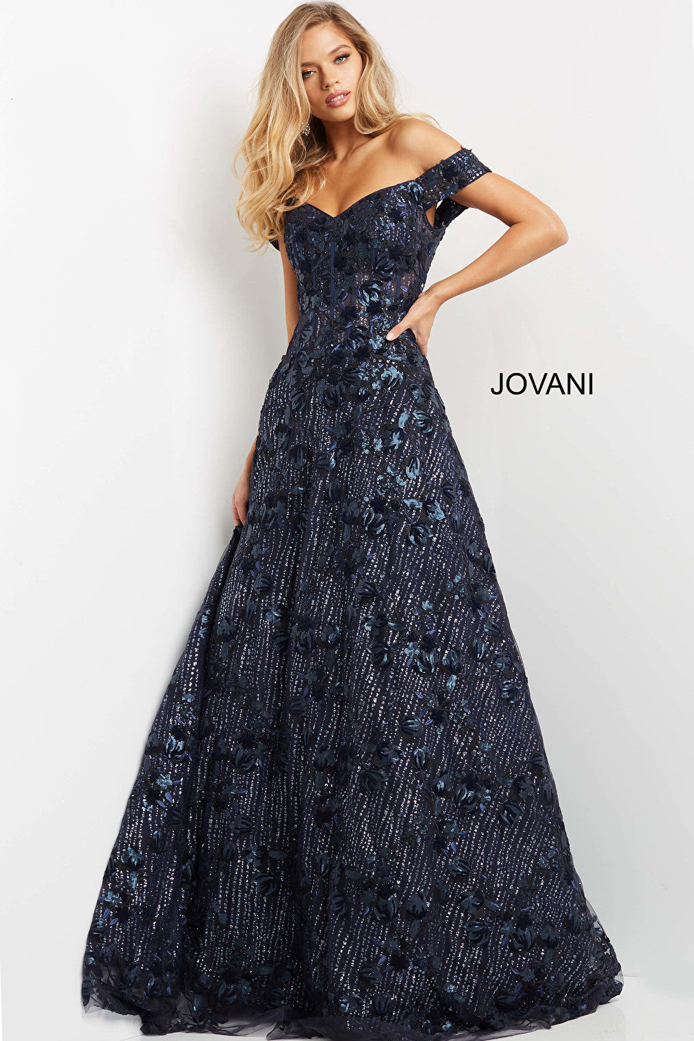 Jovani 07162 Navy Embellished A Line Evening Dress