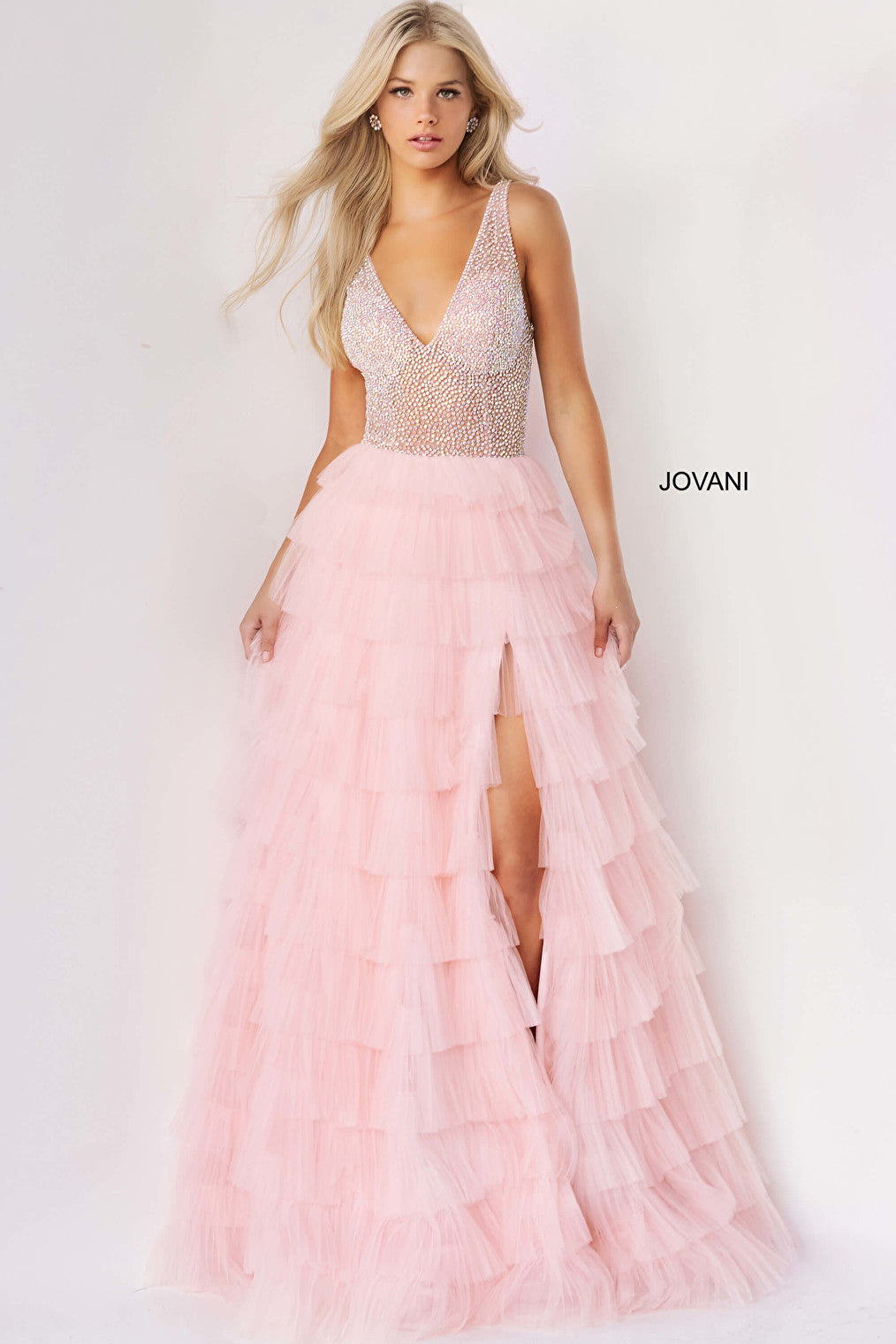 Blush illusion bodice V neck prom dress 07235