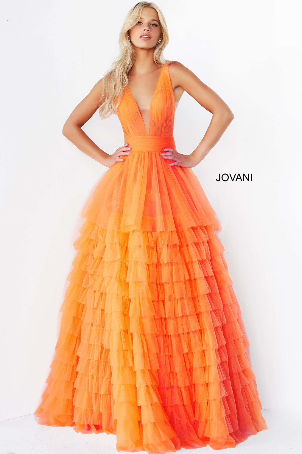 Plunging neckline orange ballgown Jovani 07264