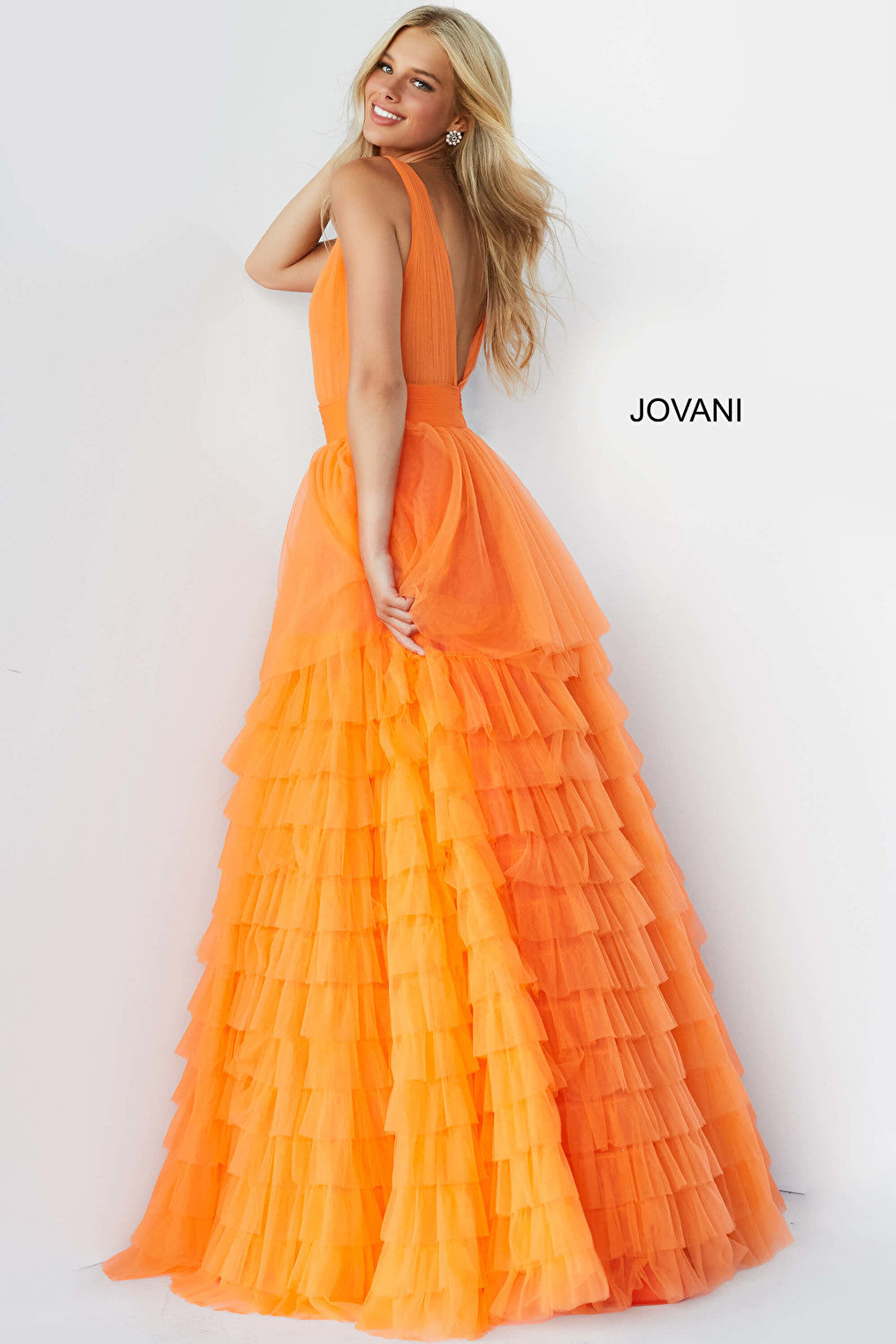 Orange tulle long prom gown 07264