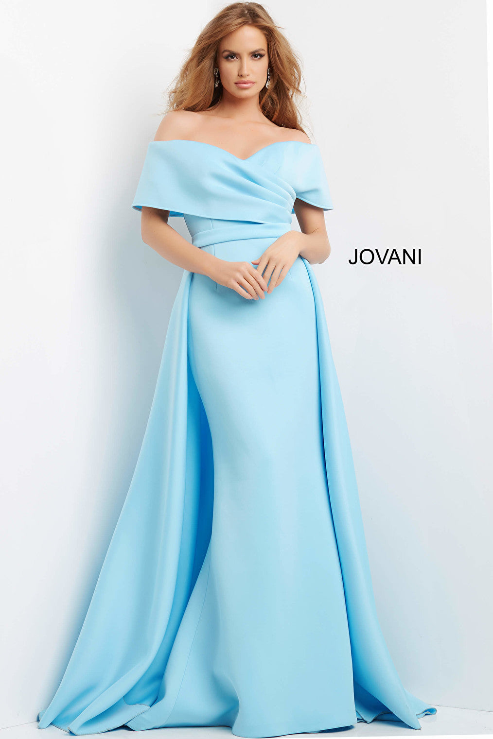 Jovani 07443 Light Blue Off the Shoulder Ruched Bodice Evening Dress