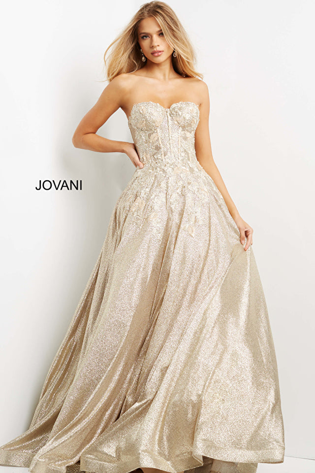 Jovani 07497 Gold Lace Corset Bodice Prom Ballgown