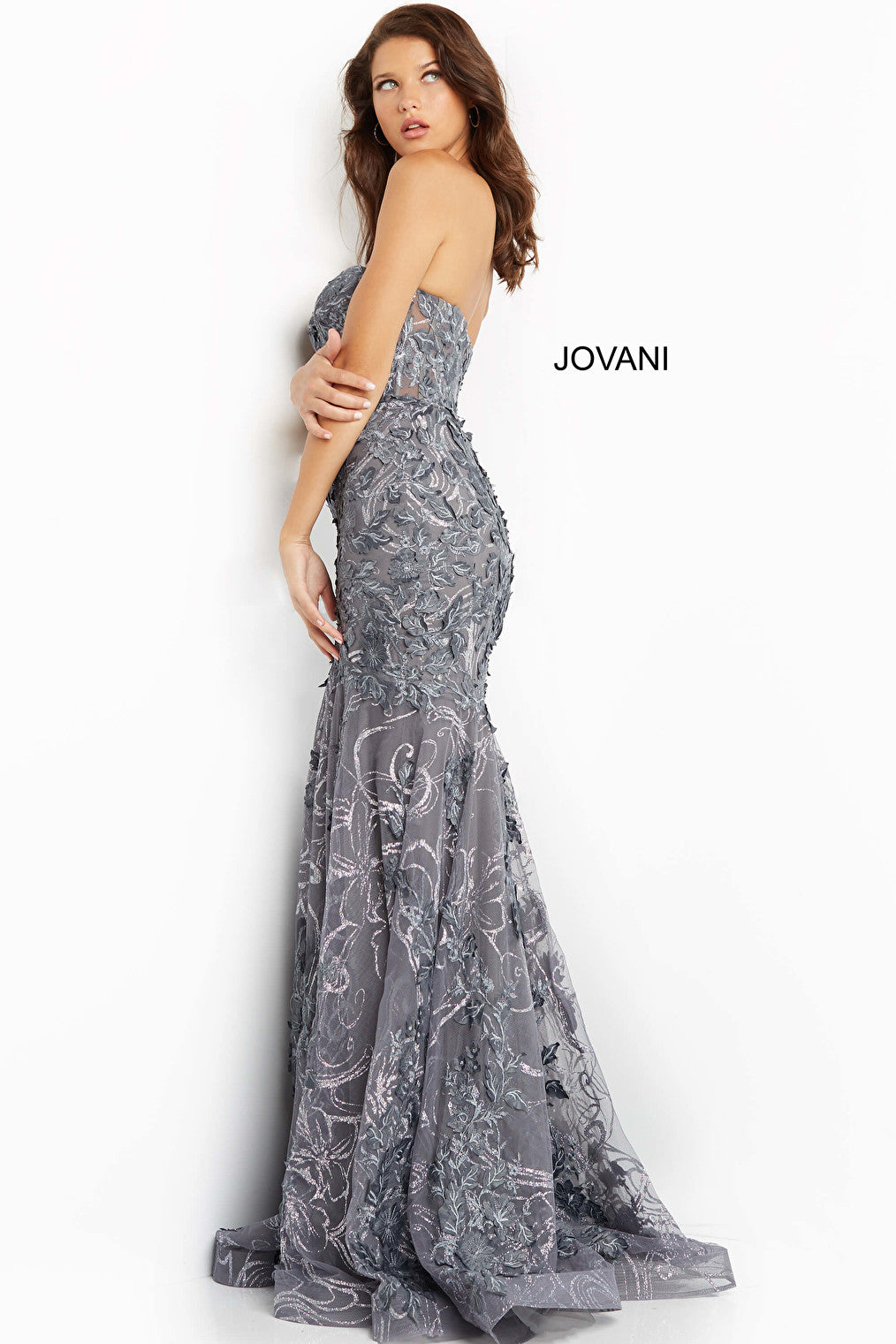 Gunmetal floral mermaid prom dress 07935