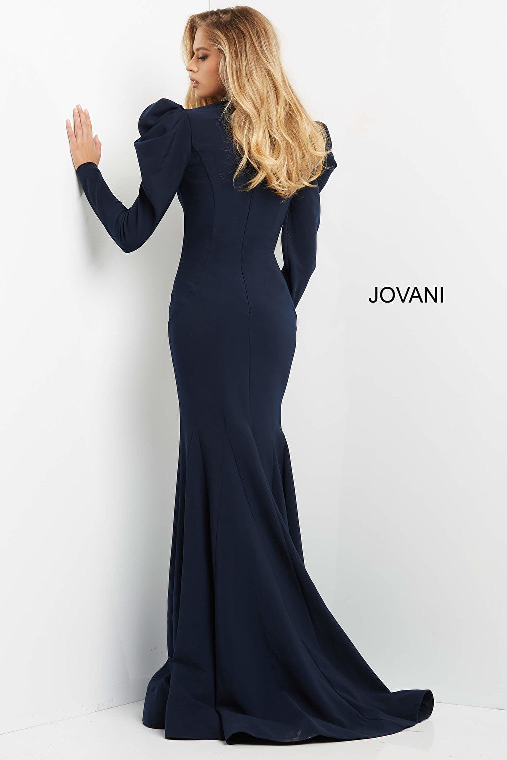 Jovani 08470 Navy Long Sleeve High Neck Evening Gown