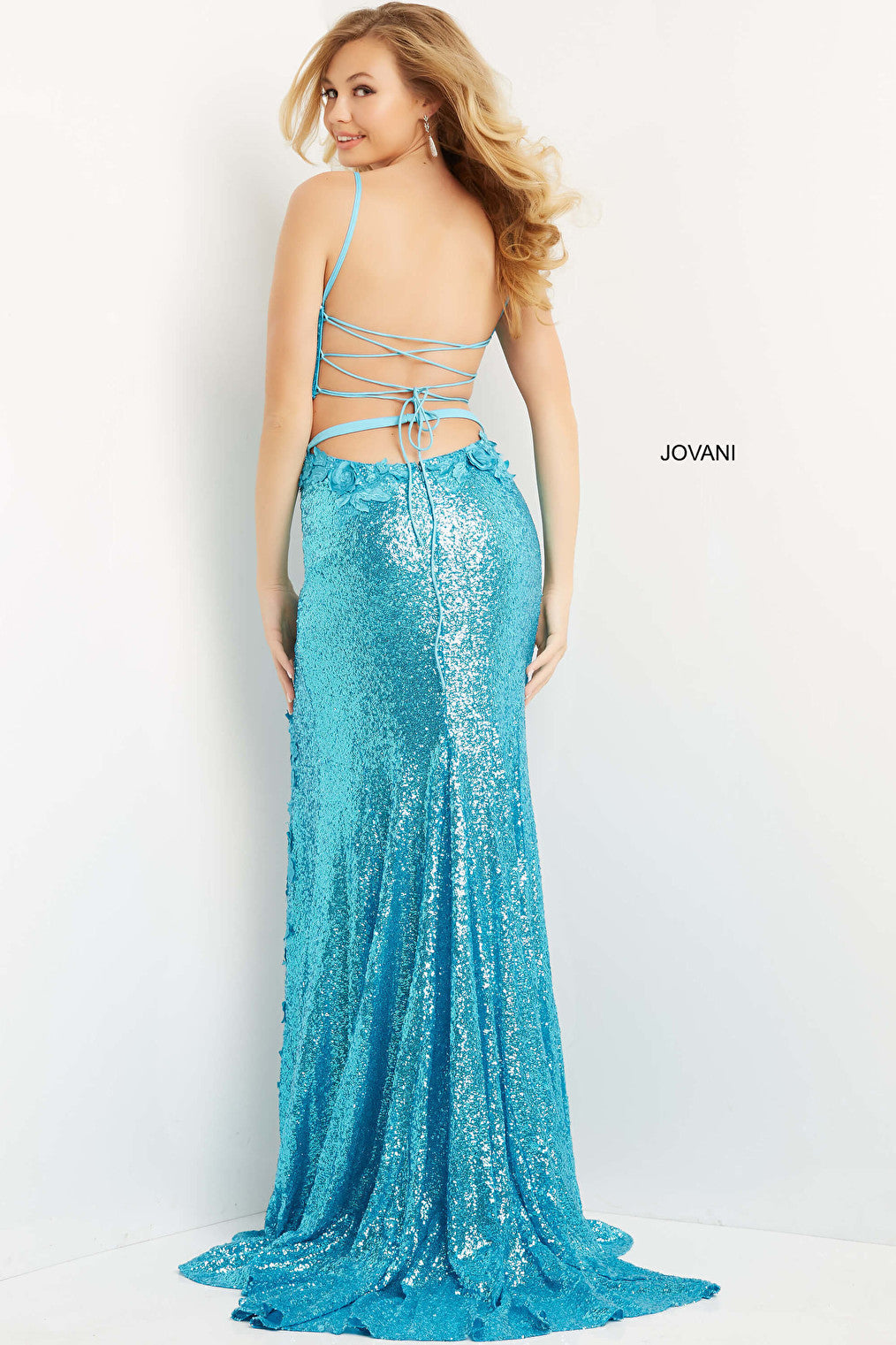 Lace up back turquoise Jovani dress 08471