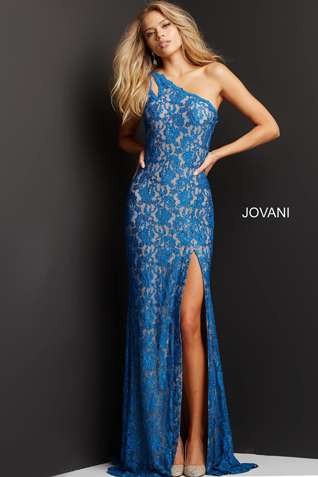 Lace embellished prom dress 08515