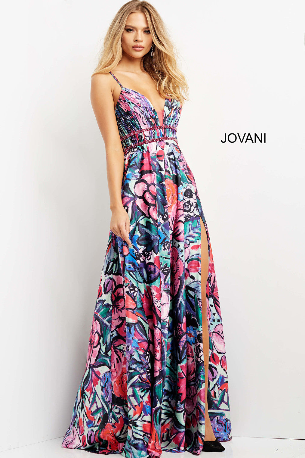 Plunging neck spaghetti strap Jovani dress 08593