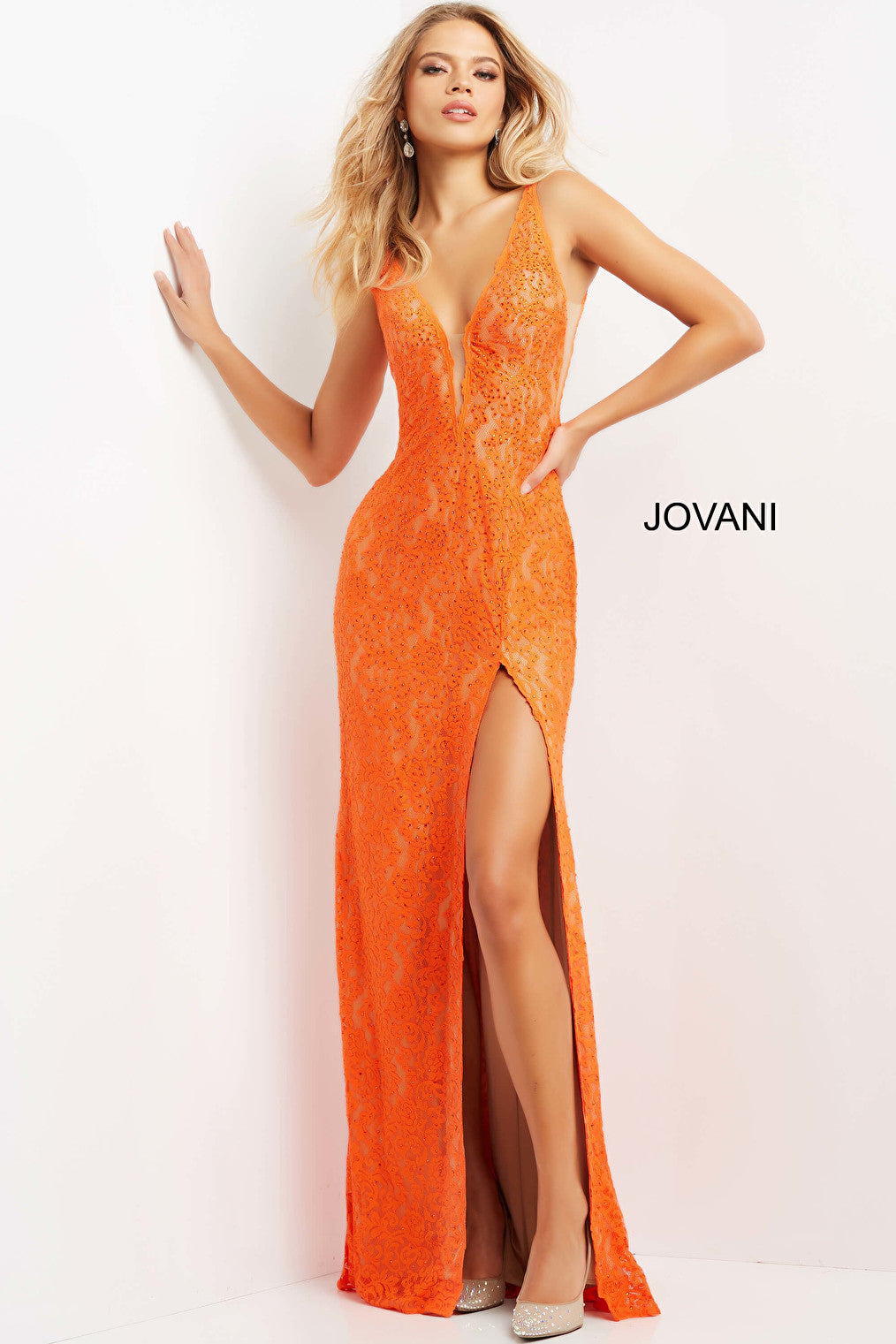 Orange nude lace high slit prom dress 08674